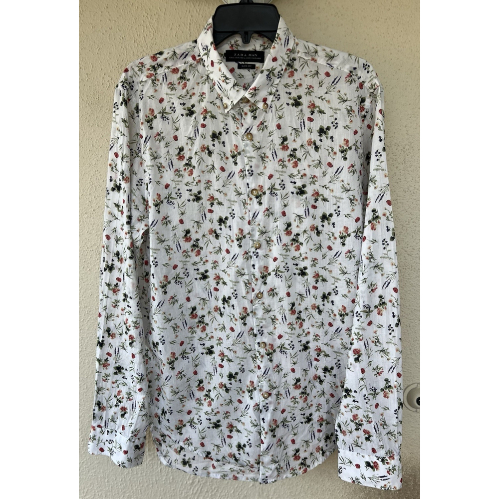 Zara Man White Floral Long Sleeve Button Down Slim Fit Size XL Casual Vacation
